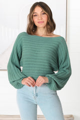 Celina Knit Top - Open Knit Stitch Boat Neckline Top in Sage