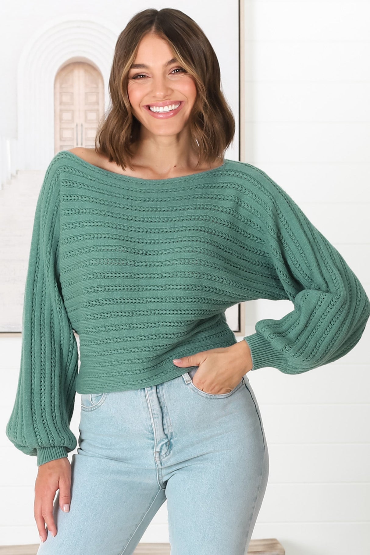 Celina Knit Top - Open Knit Stitch Boat Neckline Top in Sage