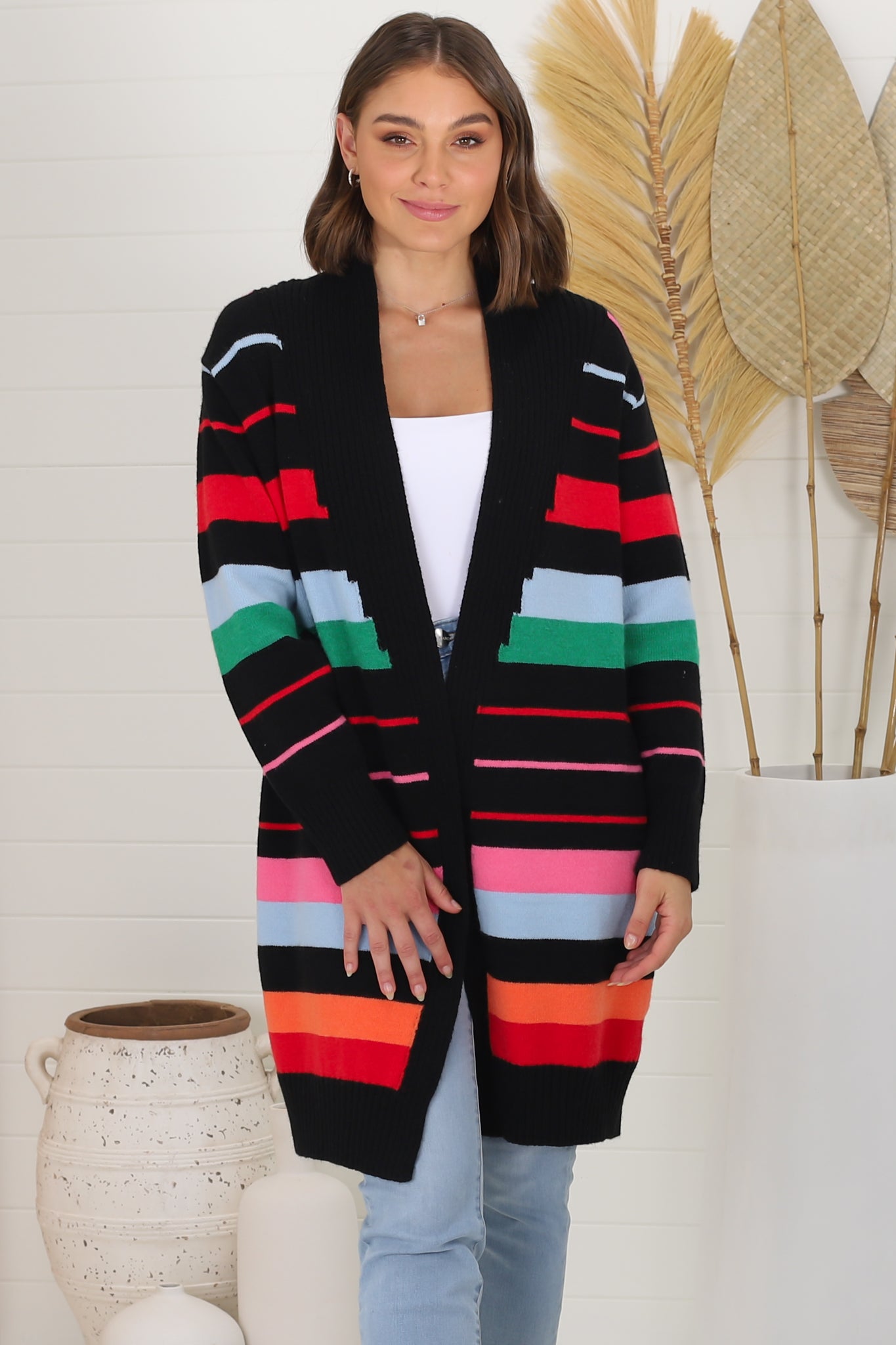 Kodie Cardigan - Open Front Bold Rainbow Stripe Cardigan in Black