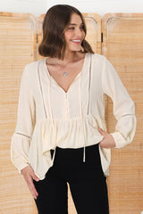 Alexia Top - V Neck Smock Top With Crochet Insert Details In Cream