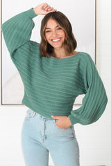 Celina Knit Top - Open Knit Stitch Boat Neckline Top in Sage