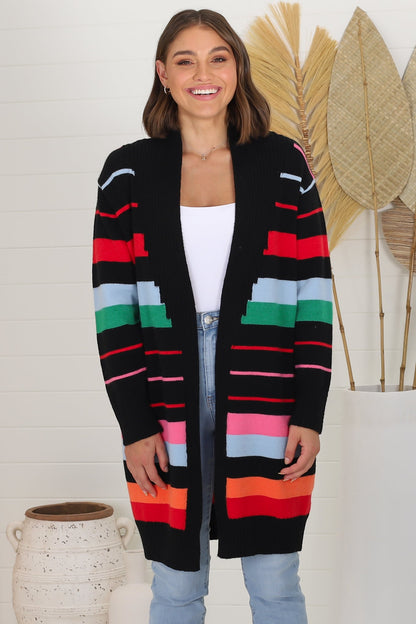 Kodie Cardigan - Open Front Bold Rainbow Stripe Cardigan in Black