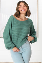 Celina Knit Top - Open Knit Stitch Boat Neckline Top in Sage