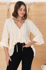 Alexia Top - V Neck Smock Top With Crochet Insert Details In Cream