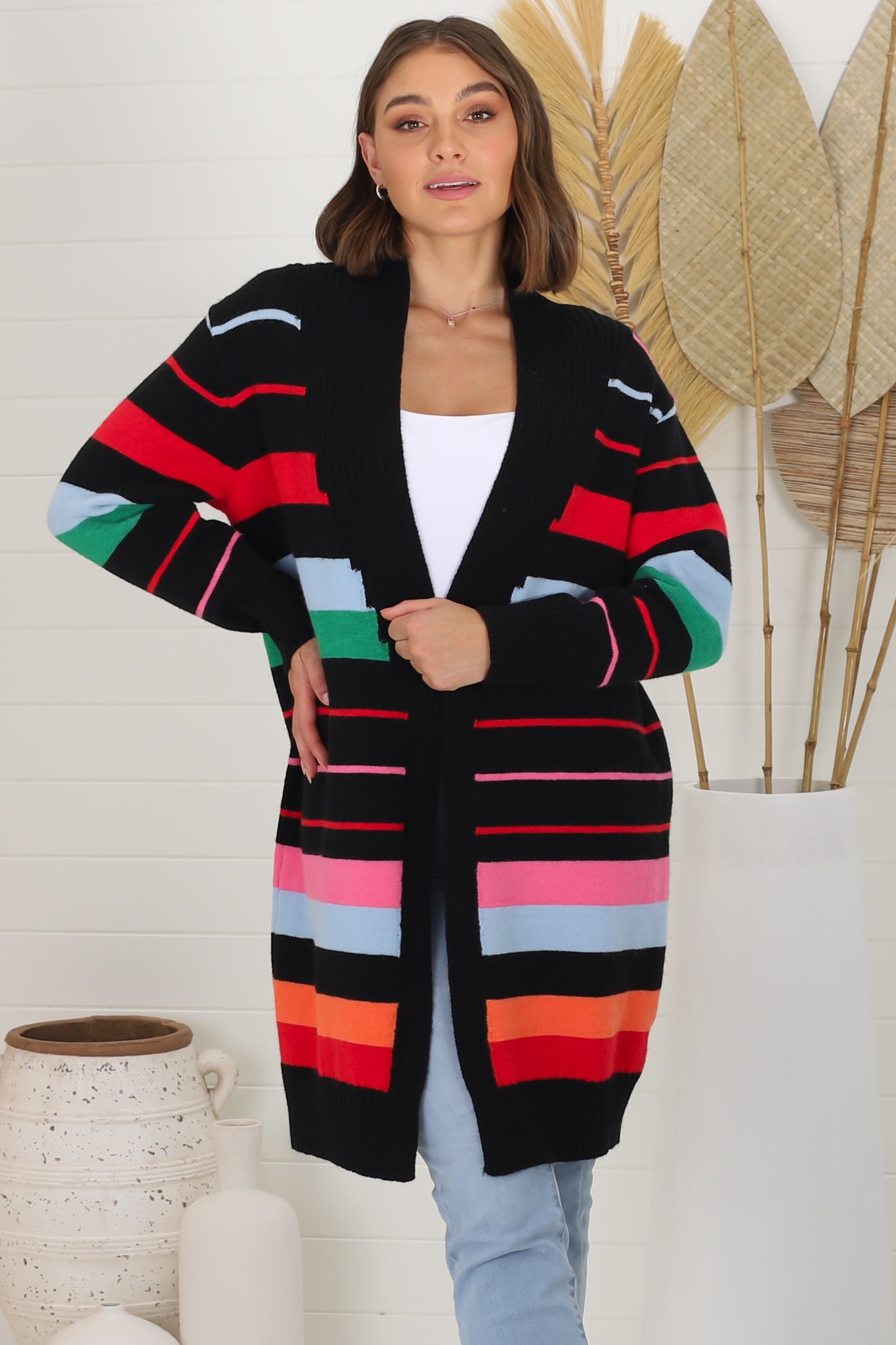 Kodie Cardigan - Open Front Bold Rainbow Stripe Cardigan in Black