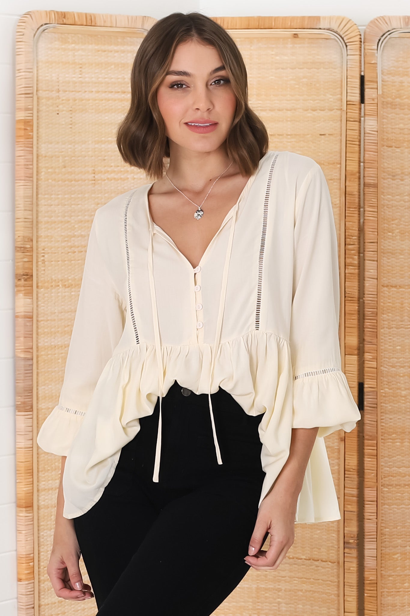 Alexia Top - V Neck Smock Top With Crochet Insert Details In Cream