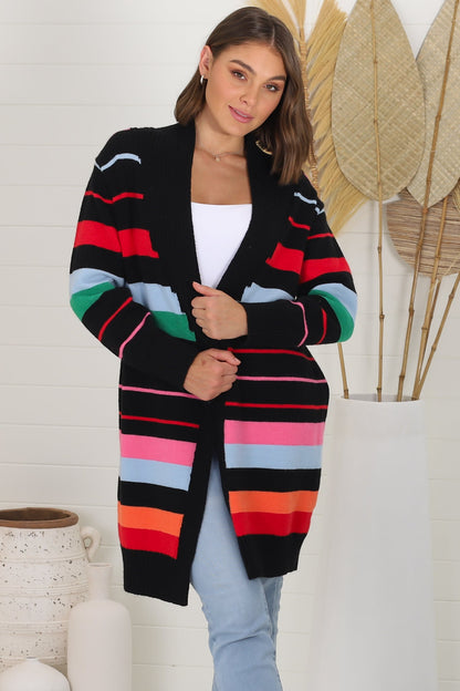 Kodie Cardigan - Open Front Bold Rainbow Stripe Cardigan in Black