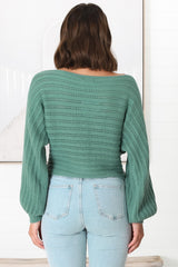 Celina Knit Top - Open Knit Stitch Boat Neckline Top in Sage