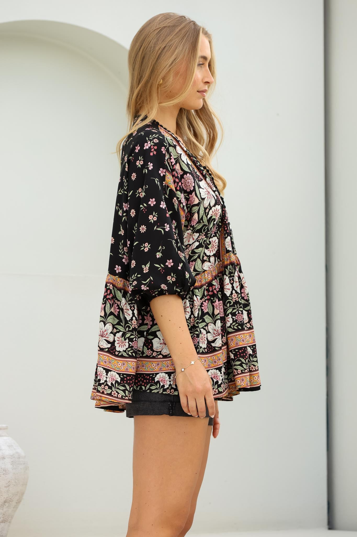 JAASE - Chloe Top: Very Oversized Crochet Trim Neckline Smock Top in Eternity Print