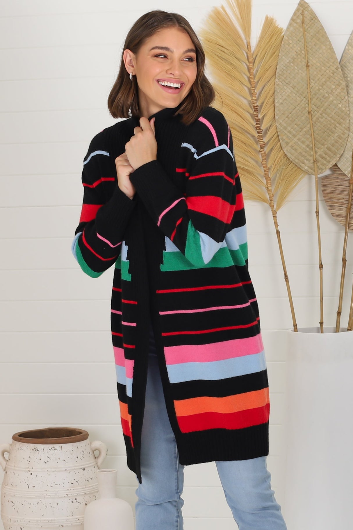 Kodie Cardigan - Open Front Bold Rainbow Stripe Cardigan in Black