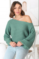 Celina Knit Top - Open Knit Stitch Boat Neckline Top in Sage