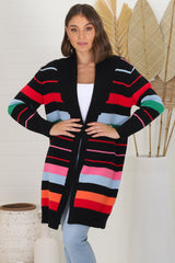 Kodie Cardigan - Open Front Bold Rainbow Stripe Cardigan in Black