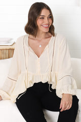 Alexia Top - V Neck Smock Top With Crochet Insert Details In Cream