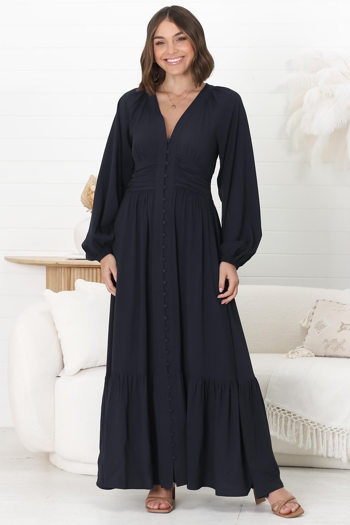 Agatha Maxi Dress - A Line Dress with Gathered Waistline and Long Sleeves in Navy