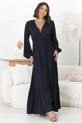 Agatha Maxi Dress - A Line Dress with Gathered Waistline and Long Sleeves in Navy