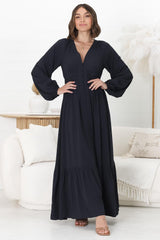 Agatha Maxi Dress - A Line Dress with Gathered Waistline and Long Sleeves in Navy