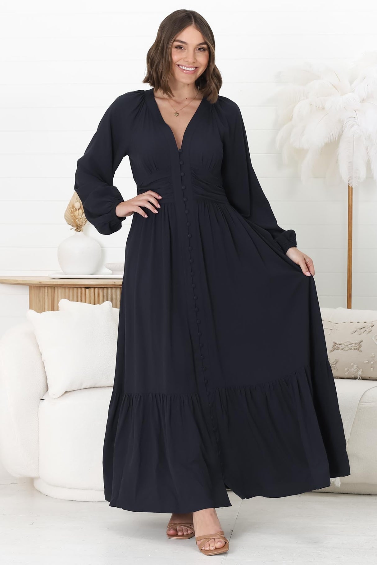 Agatha Maxi Dress - A Line Dress with Gathered Waistline and Long Sleeves in Navy