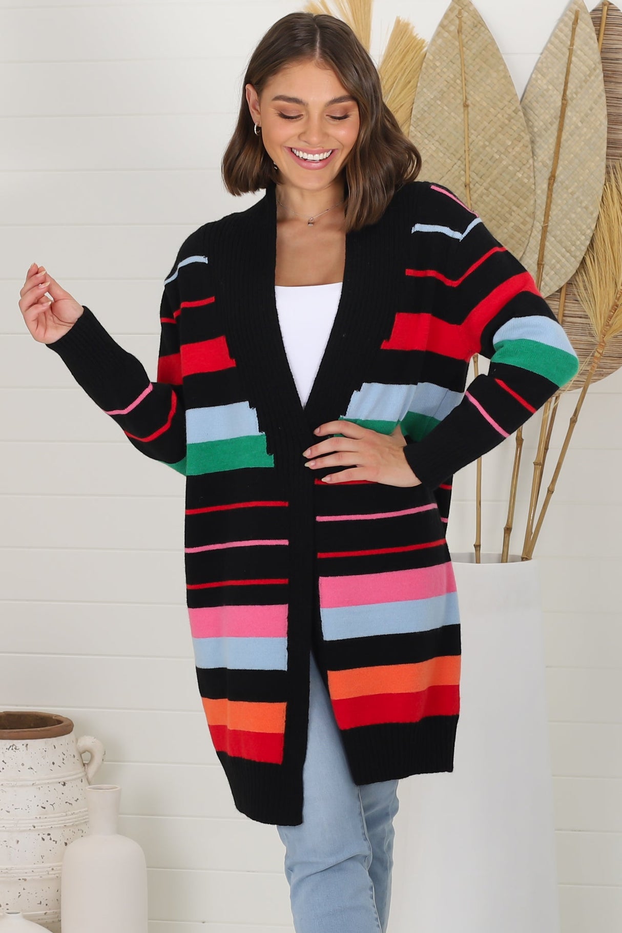 Kodie Cardigan - Open Front Bold Rainbow Stripe Cardigan in Black