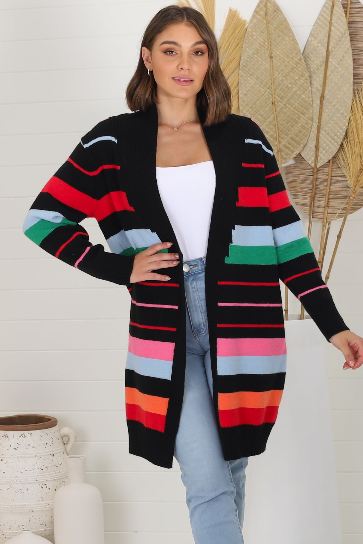 Kodie Cardigan - Open Front Bold Rainbow Stripe Cardigan in Black