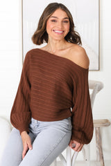 Celina Knit Top - Open Knit Stitch Boat Neckline Top in Rust