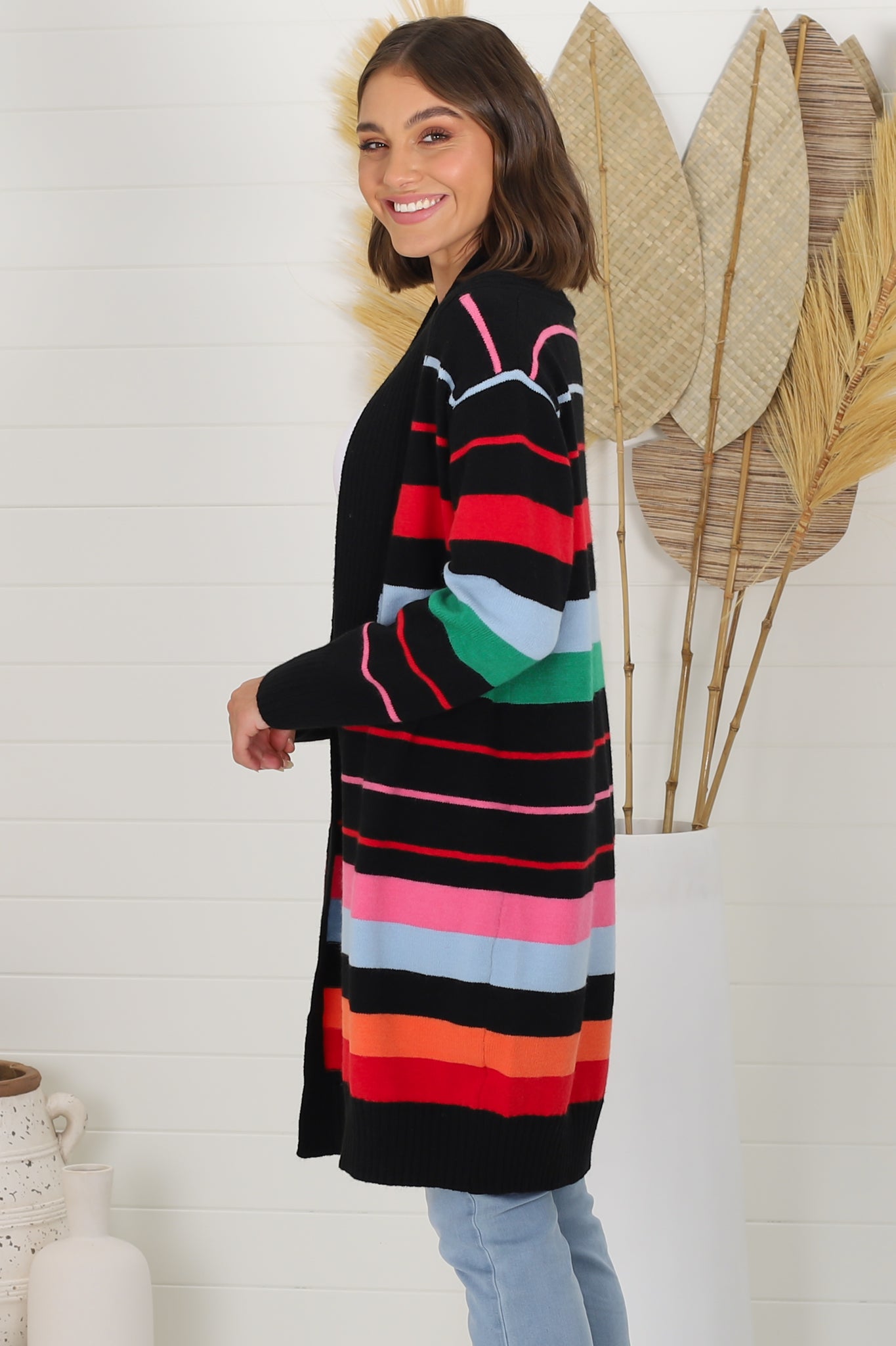 Kodie Cardigan - Open Front Bold Rainbow Stripe Cardigan in Black