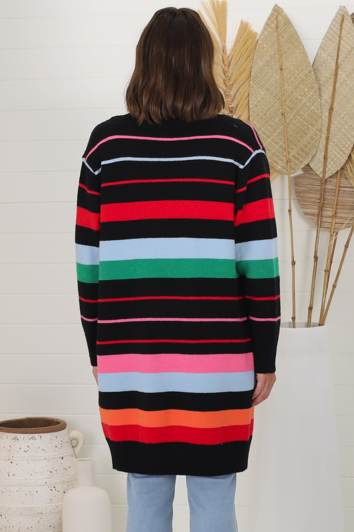 Kodie Cardigan - Open Front Bold Rainbow Stripe Cardigan in Black