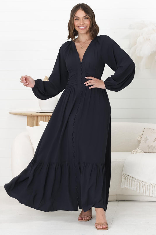 Agatha Maxi Dress - A Line Dress with Gathered Waistline and Long Sleeves in Navy