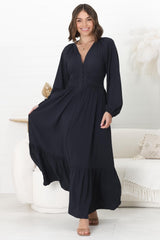 Agatha Maxi Dress - A Line Dress with Gathered Waistline and Long Sleeves in Navy