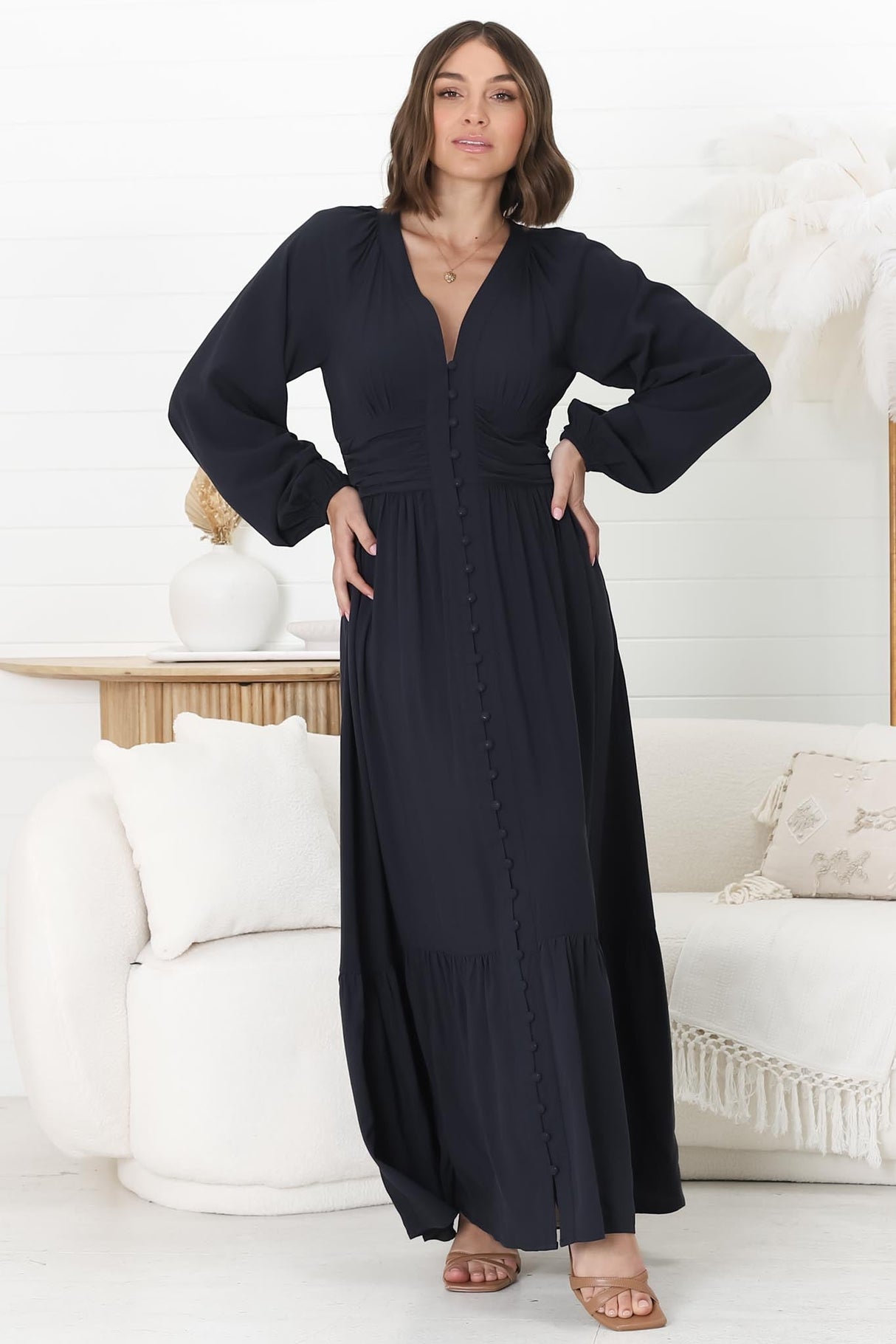 Agatha Maxi Dress - A Line Dress with Gathered Waistline and Long Sleeves in Navy