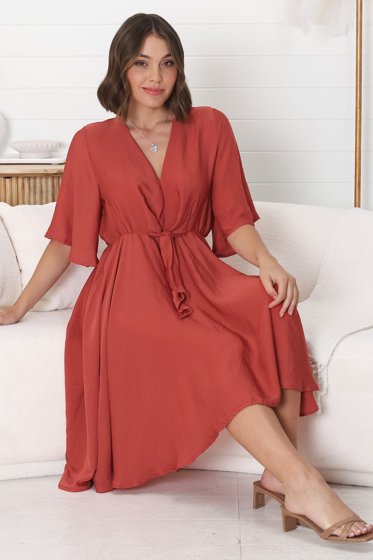 Satina Midi Dress - A Line Dress with Bell Sleeves in Rust