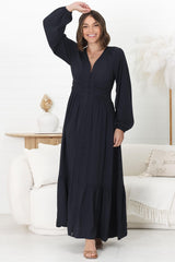 Agatha Maxi Dress - A Line Dress with Gathered Waistline and Long Sleeves in Navy