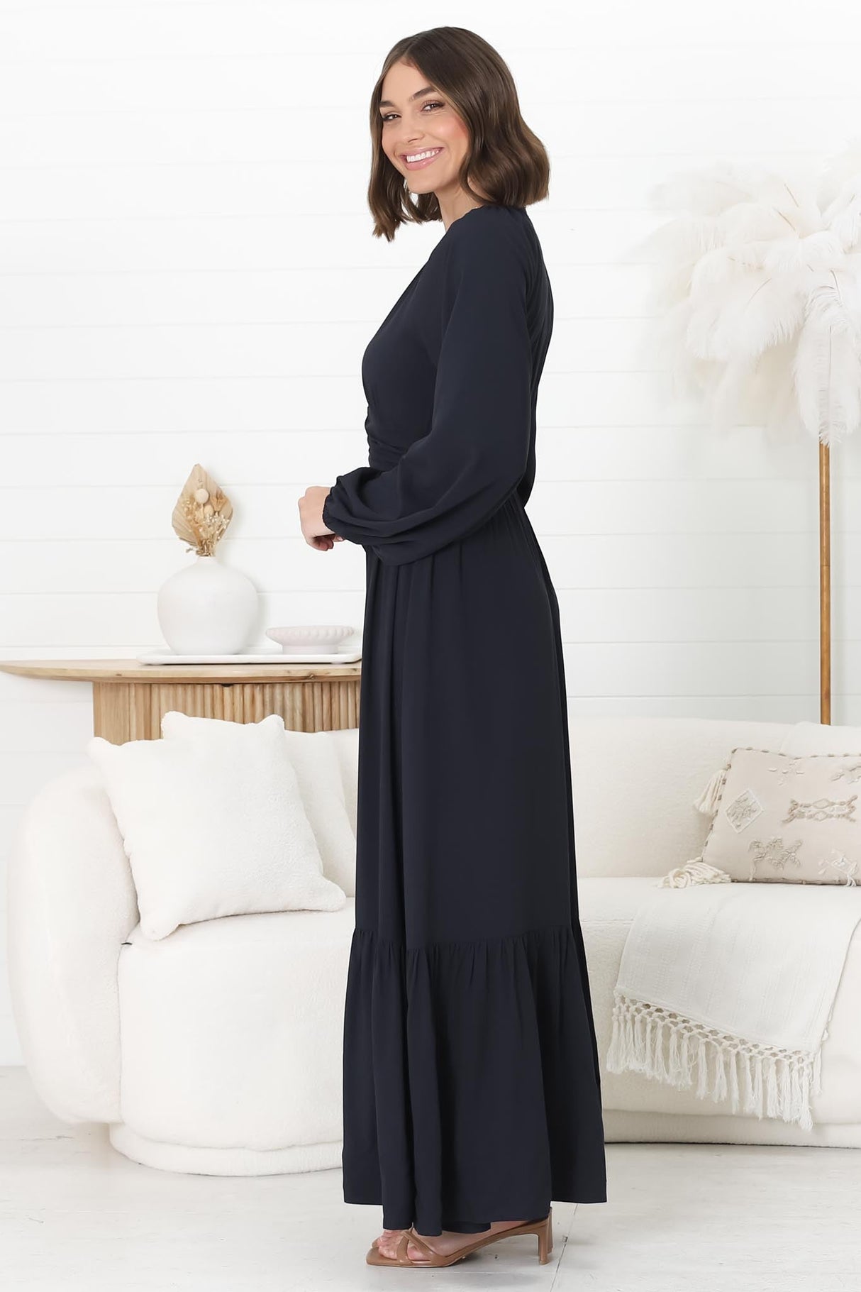 Agatha Maxi Dress - A Line Dress with Gathered Waistline and Long Sleeves in Navy