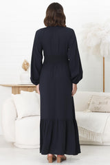 Agatha Maxi Dress - A Line Dress with Gathered Waistline and Long Sleeves in Navy