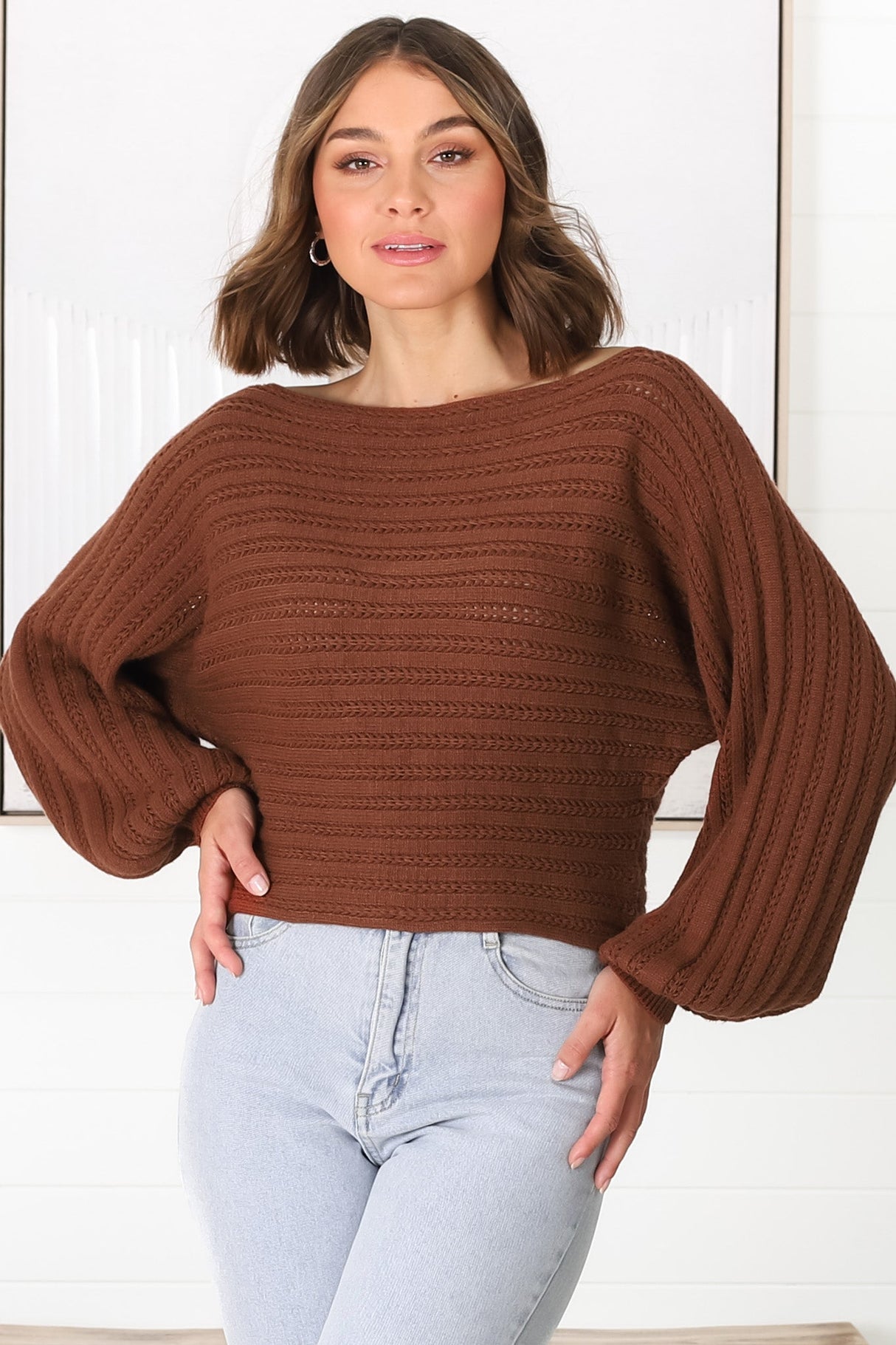 Celina Knit Top - Open Knit Stitch Boat Neckline Top in Rust