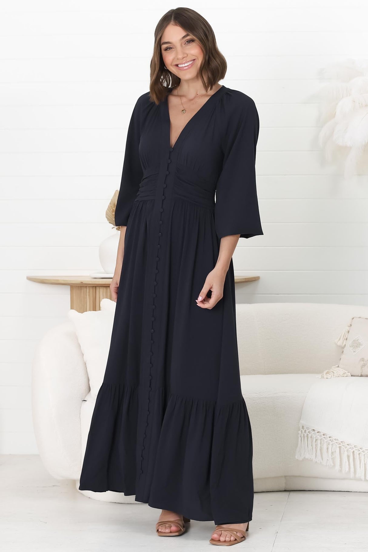 Agatha Maxi Dress - A Line Dress with Gathered Waistline and Long Sleeves in Navy