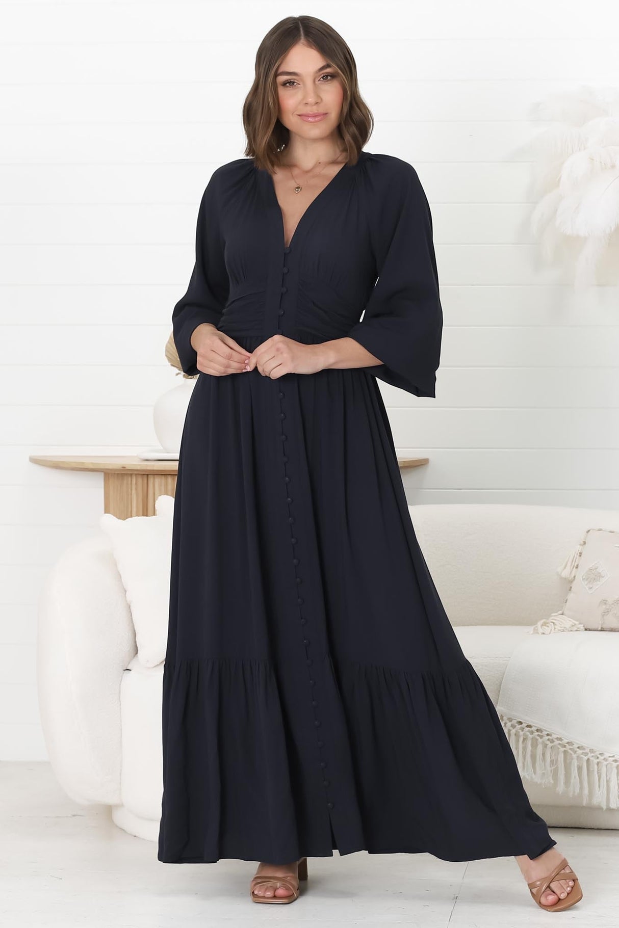 Agatha Maxi Dress - A Line Dress with Gathered Waistline and Long Sleeves in Navy