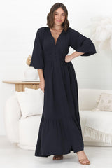 Agatha Maxi Dress - A Line Dress with Gathered Waistline and Long Sleeves in Navy