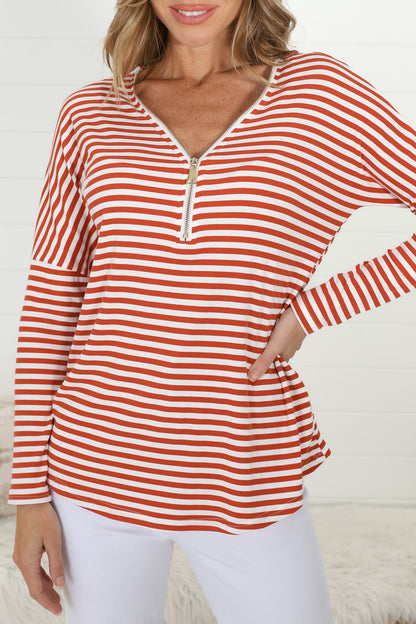 Cecile Stripe Top - Zipper Detail V Neck Stripe Top in Saffron