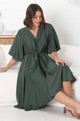 Satina Midi Dress - A Line Dress with Bell Sleeves in Emerald