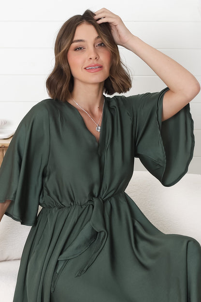 Satina Midi Dress - A Line Dress with Bell Sleeves in Emerald
