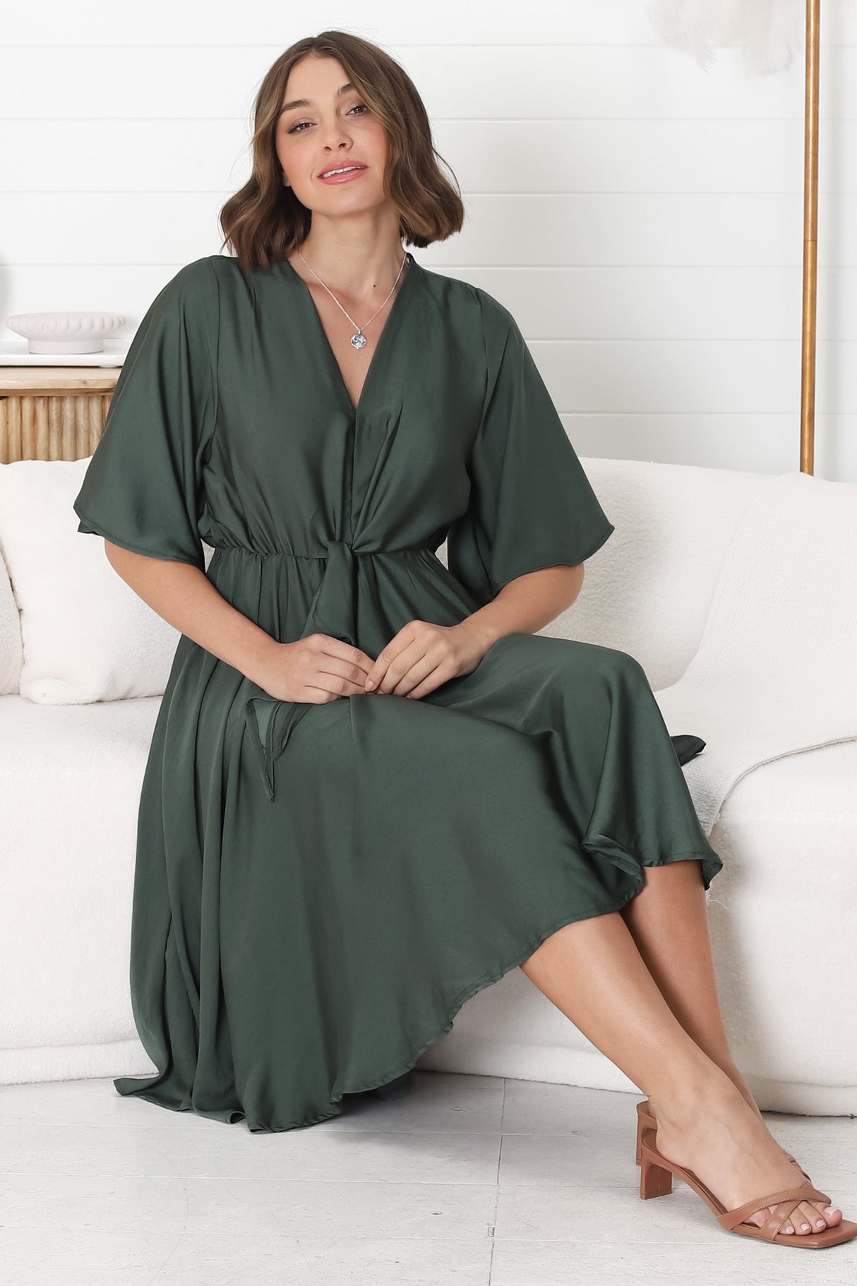 Satina Midi Dress - A Line Dress with Bell Sleeves in Emerald