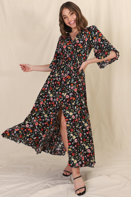 Alba Maxi Dress - Buttoned Bodie A Line Dress With Flute Sleeves In Brina Print Black