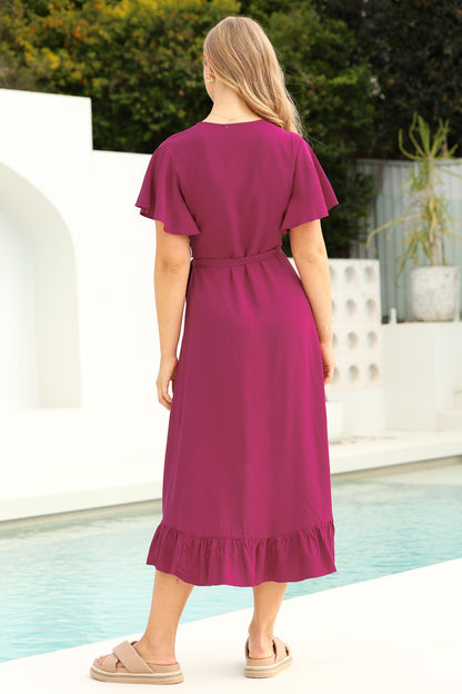 Carolina Midi Dress - V Neck Wrap Dress with Ruffle High Low Hemline in Purple