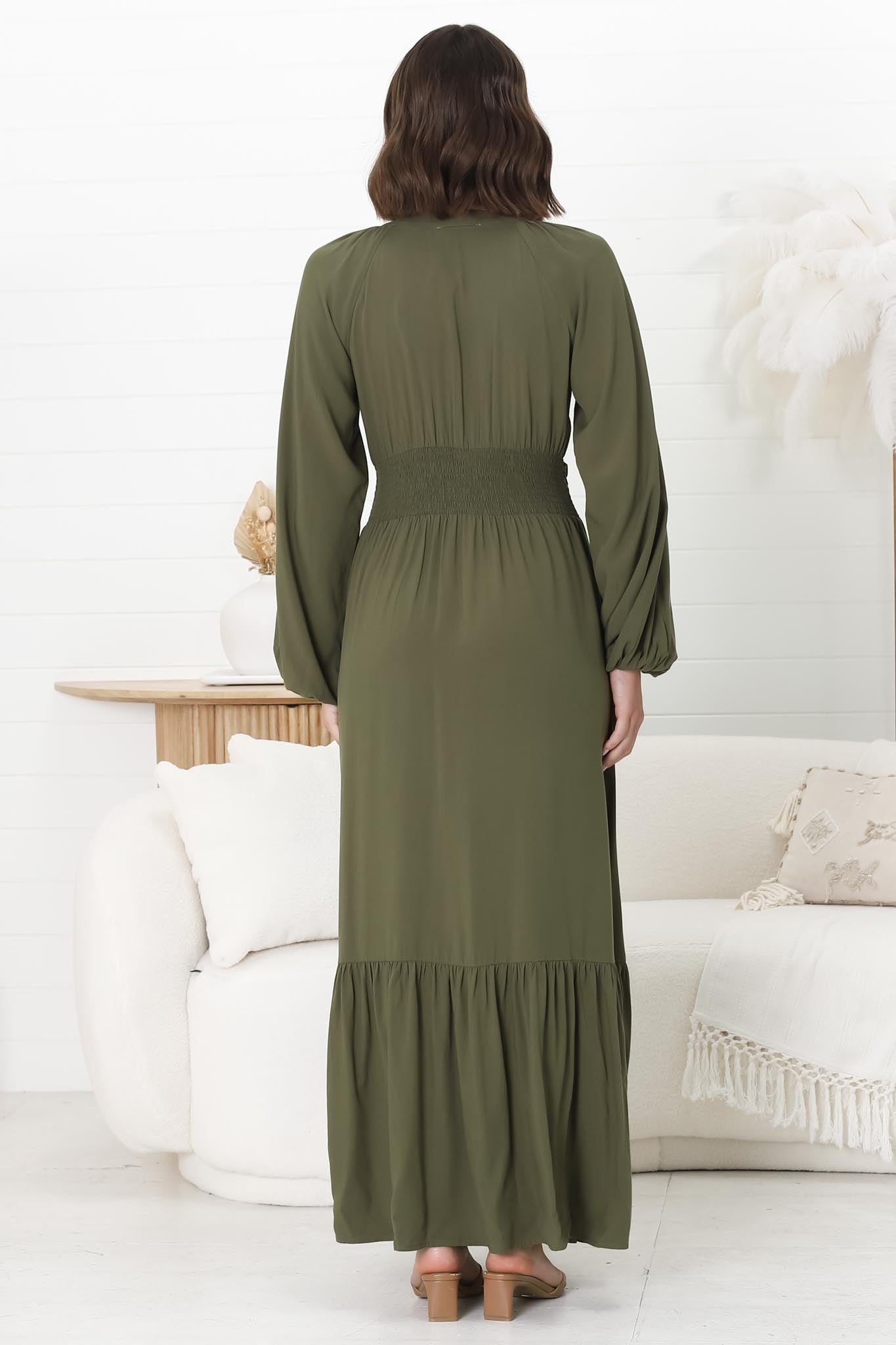 Agatha Maxi Dress - A Line Dress with Gathered Waistline and Long Sleeves in Olive