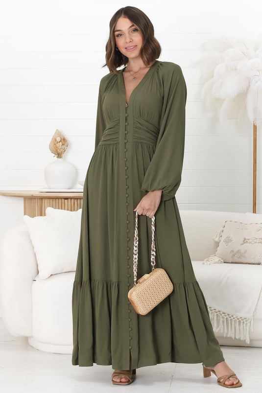 Agatha Maxi Dress - A Line Dress with Gathered Waistline and Long Sleeves in Olive