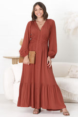 Agatha Maxi Dress - A Line Dress with Gathered Waistline and Long Sleeves in Guava