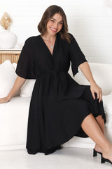 Satina Midi Dress - A Line Dress with Bell Sleeves in Black