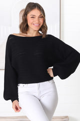 Celina Knit Top - Open Knit Stitch Boat Neckline Top in Black