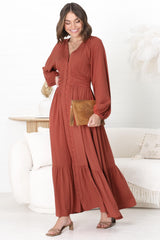 Agatha Maxi Dress - A Line Dress with Gathered Waistline and Long Sleeves in Guava