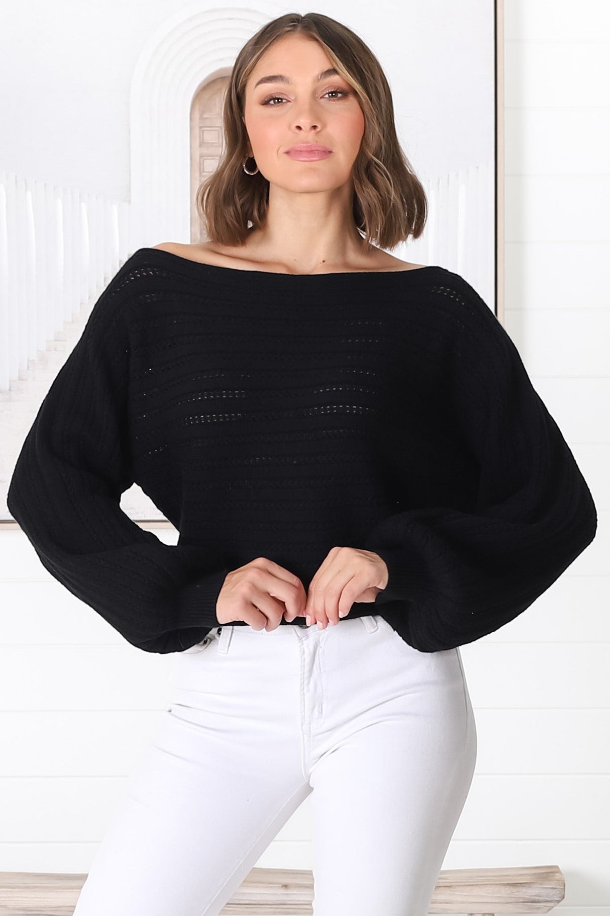 Celina Knit Top - Open Knit Stitch Boat Neckline Top in Black